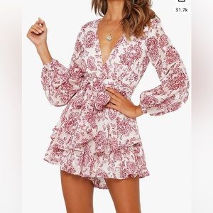 Light pink & white floral long sleeve romper, size large